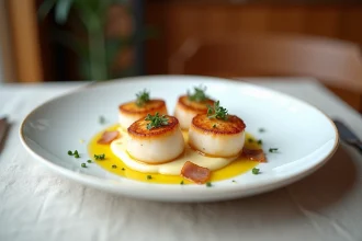 Assiette gastronomique de coquilles Saint-Jacques snackées sur purée de chou-fleur avec beurre blanc au safran et lard croustillant