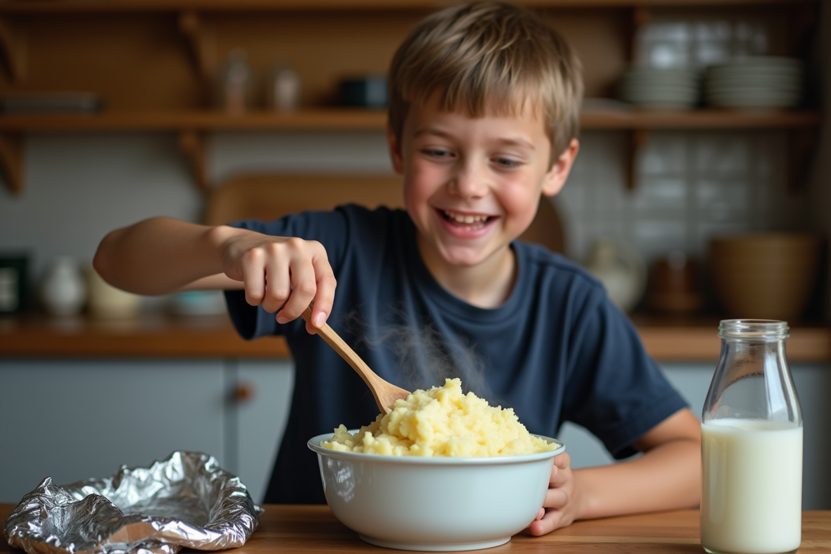 Adolescent remuant une purée de pommes de terre dans la cuisine