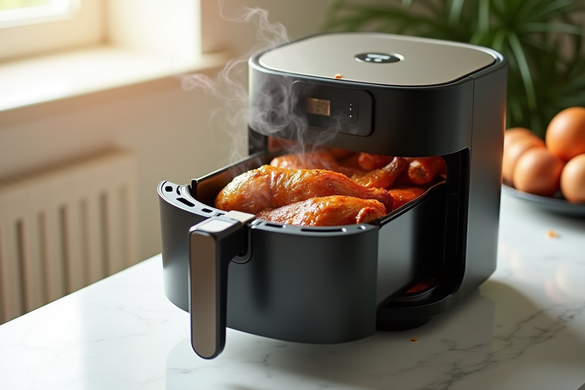 Friteuse à air ouverte avec canard croustillant sur marbre blanc