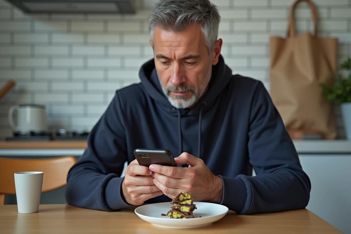 Homme consultant son téléphone pour trouver des alternatives moins chères au chocolat Dubaï à la maison