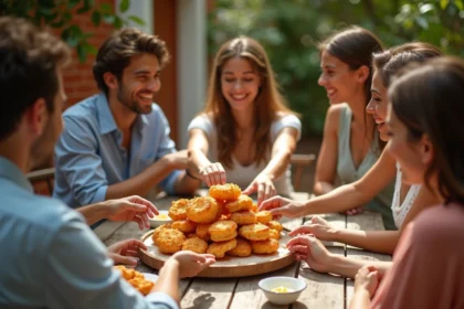 Groupe d'amis dégustant des beignets d'aubergine en extérieur