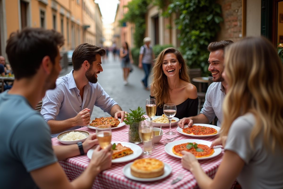 Groupe d amis partageant un repas italien en plein air