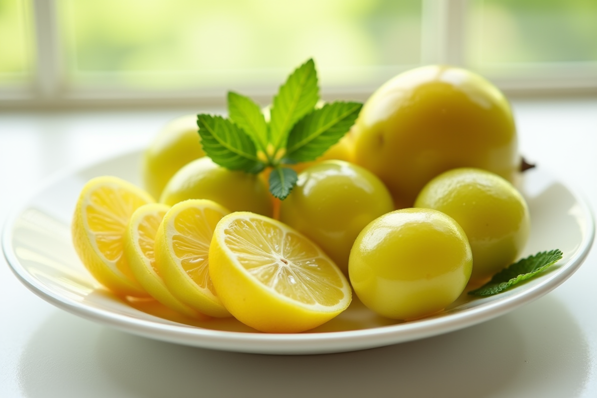 Fruits amla et ilama tranchés avec feuilles de menthe sur assiette blanche