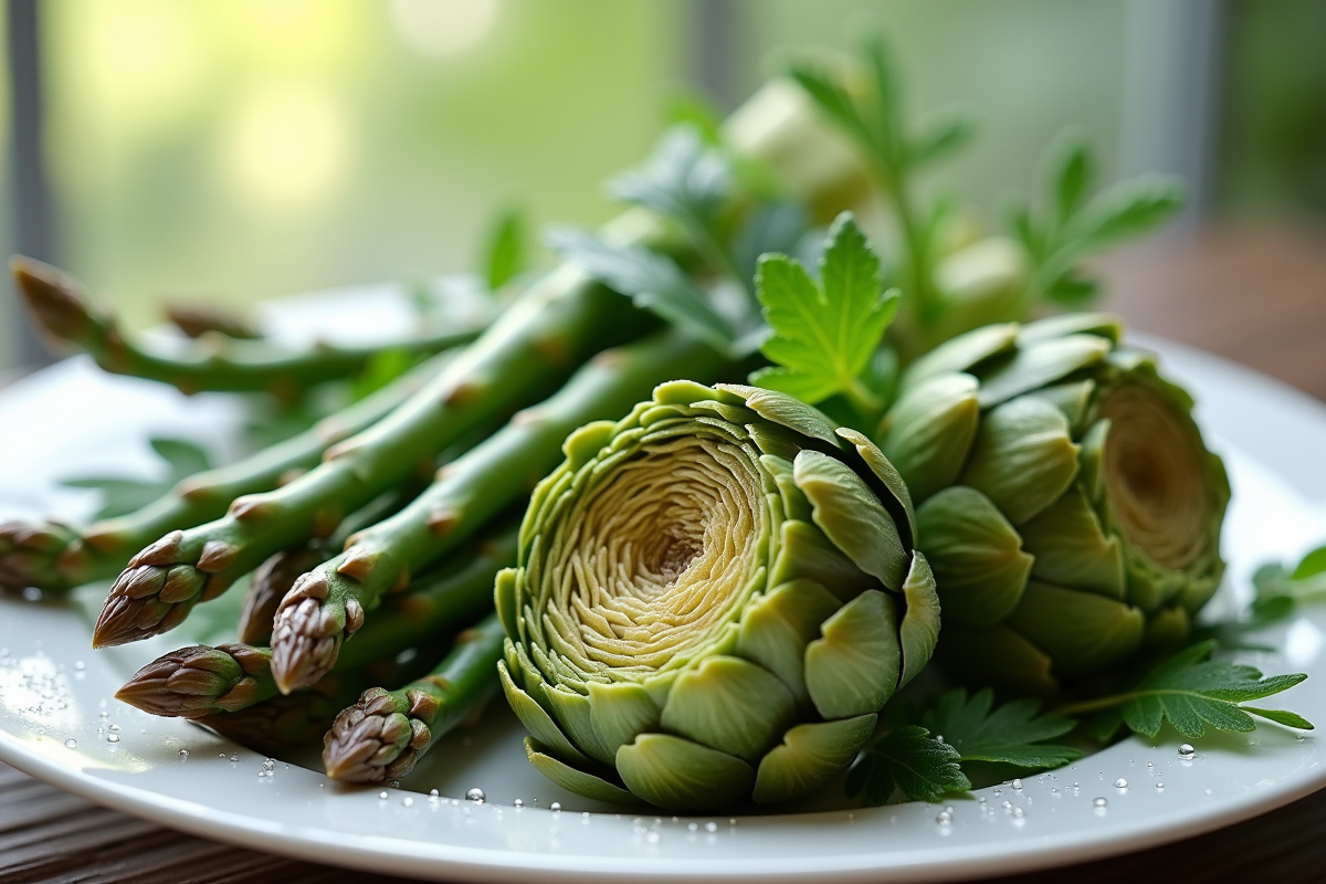 Artichauts et asperges frais sur assiette avec herbes vertes