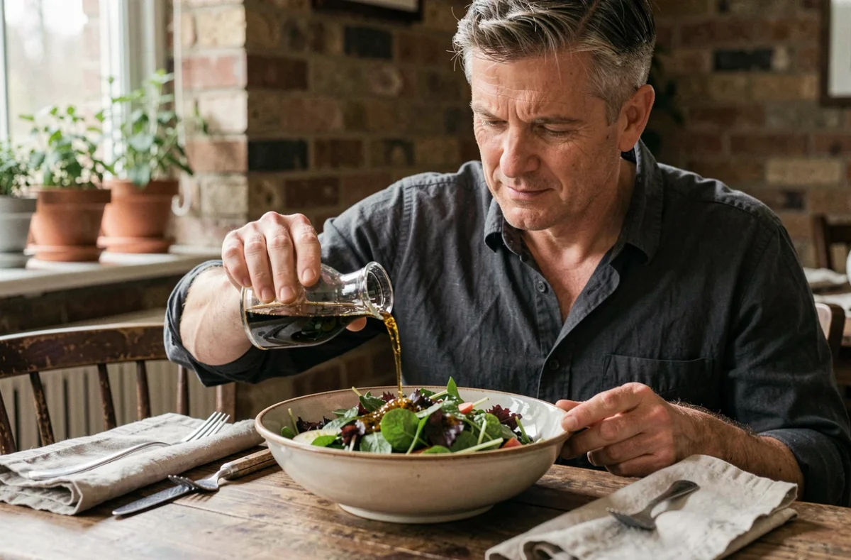 Homme versant une vinaigrette maison sur une salade verte dans un bol en céramique sur une table rustique en bois avec des couverts en bois