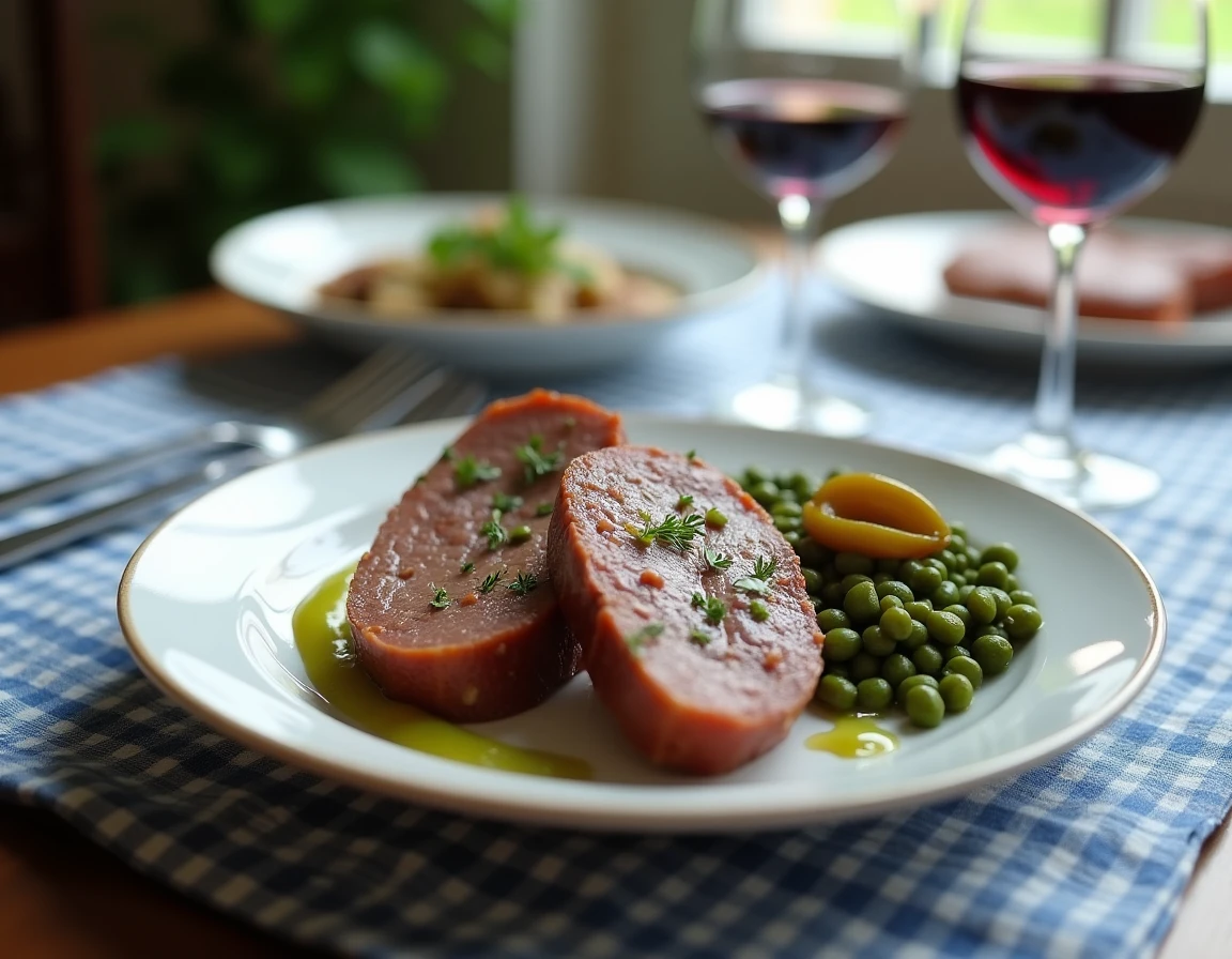 Assiette de caillettes ardéchoises tranchées servies avec des lentilles vertes, présentation traditionnelle d'un repas familial français