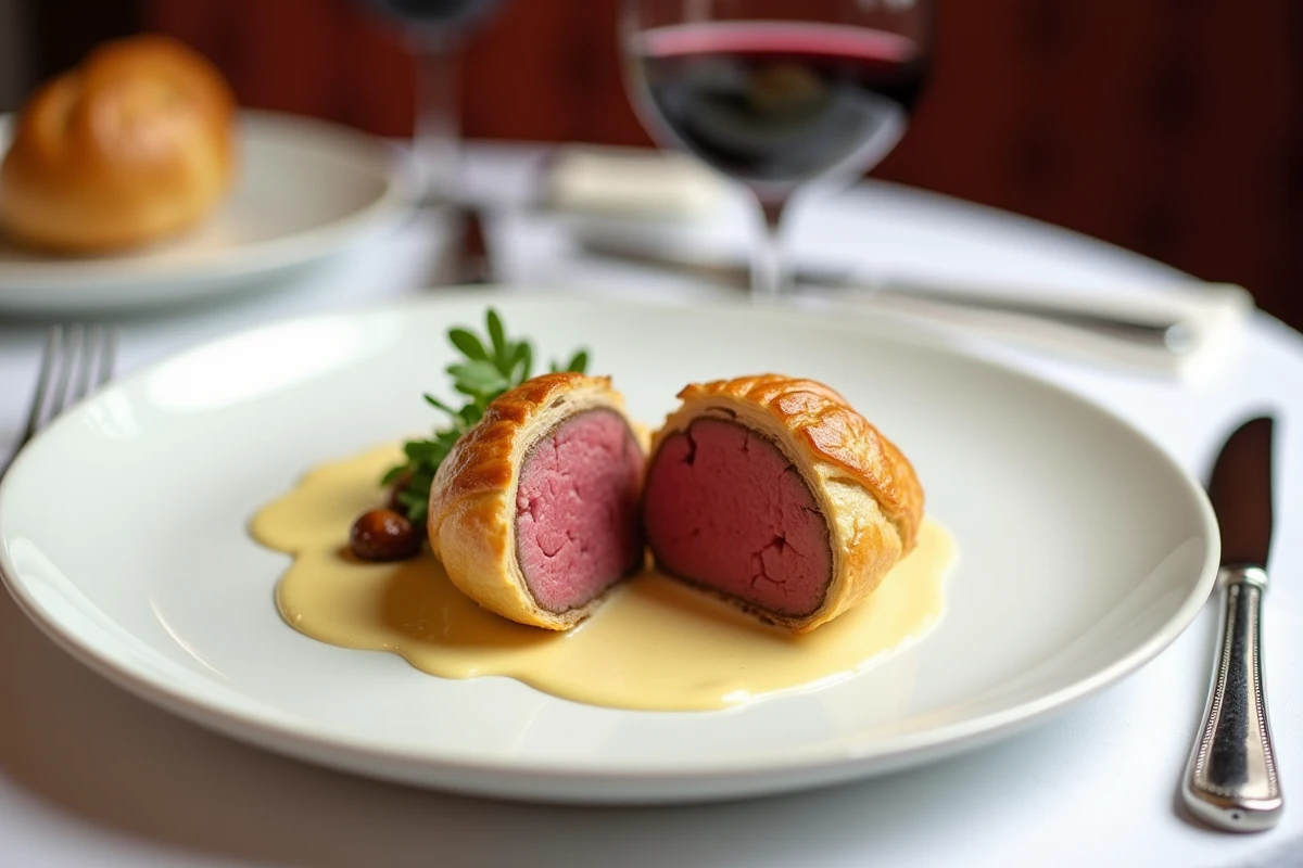 Assiette élégante de filet mignon en croûte feuilletée tranché avec sauce moutarde et cresson sur nappe blanche