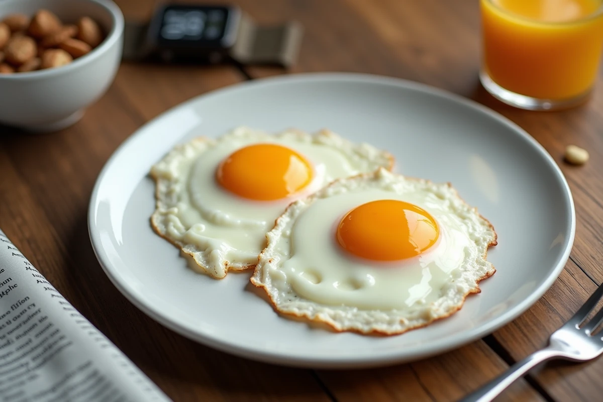 Assiette d'œufs au plat vue du dessus avec accessoires de sport pour un petit-déjeuner protéiné