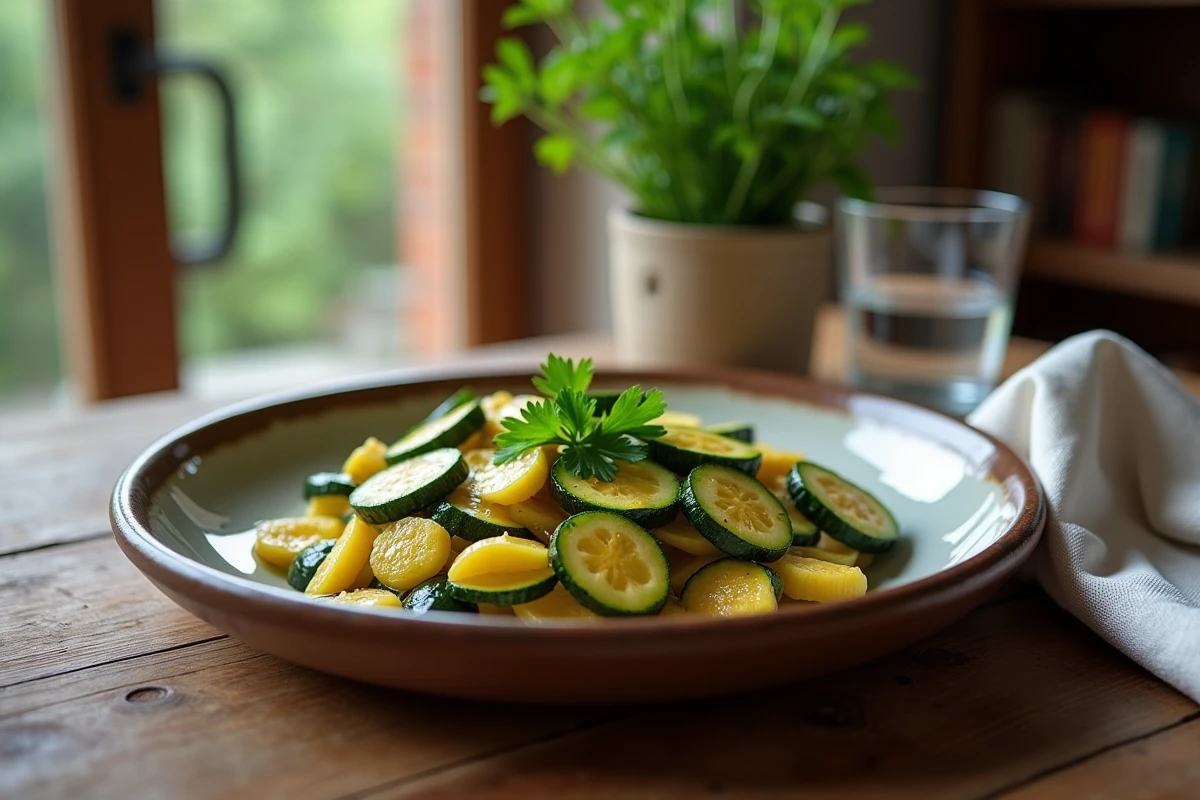 Assiette de courgettes sautées garnies de persil sur une table en bois