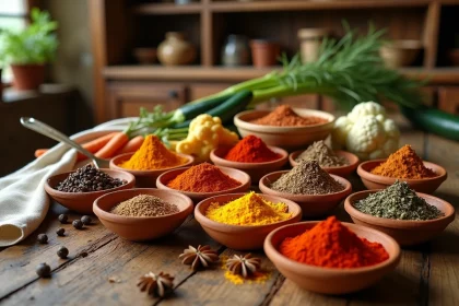 Assortiment d'épices dans des bols en terre cuite sur une table en bois rustique avec des légumes frais pour sublimer gratins et plats