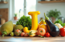 Assortiment de fruits et légumes commençant par J sur un plan de travail