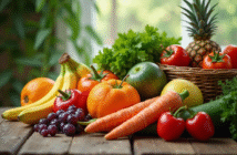 Assortiment coloré de fruits et légumes frais sur une table en bois