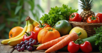 Assortiment coloré de fruits et légumes frais sur une table en bois