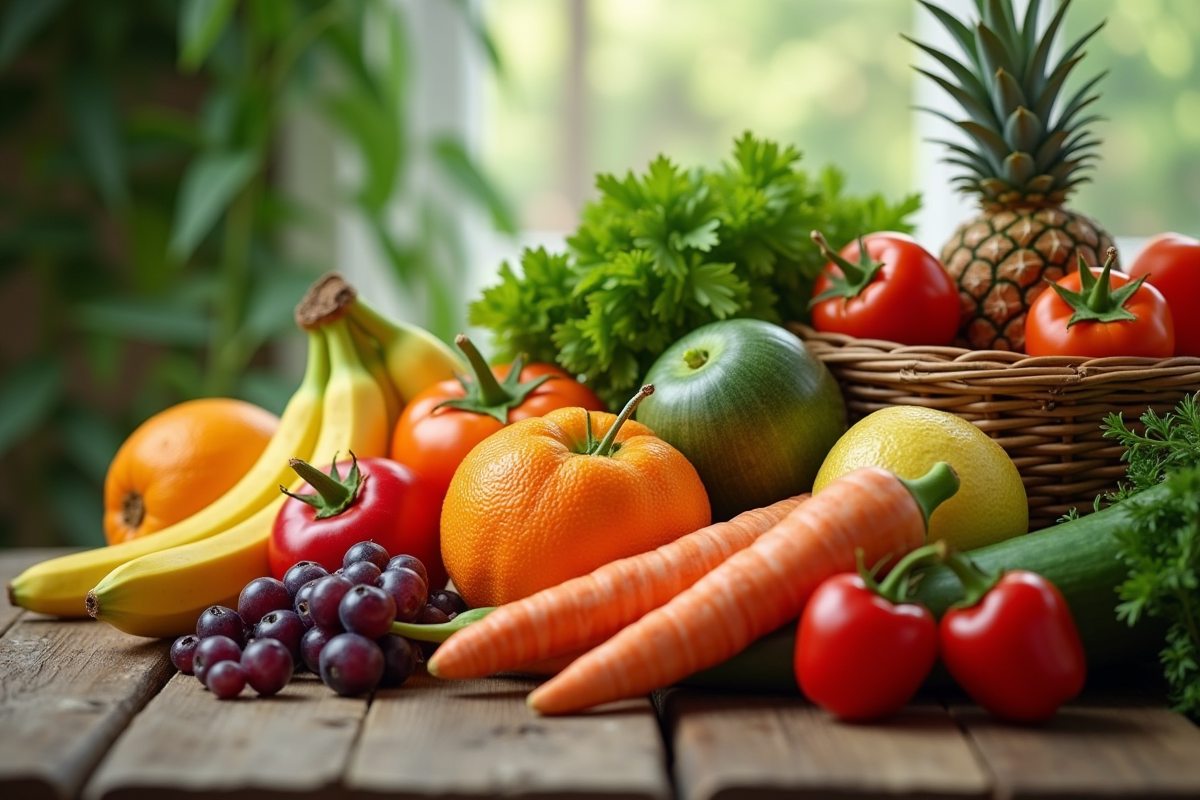 Assortiment coloré de fruits et légumes frais sur une table en bois