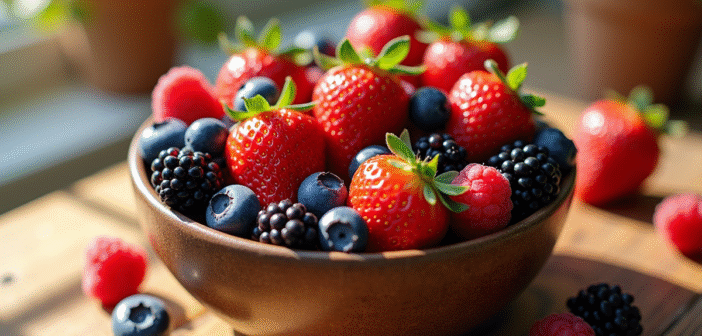 Assortiment de fruits rouges dans un bol rustique