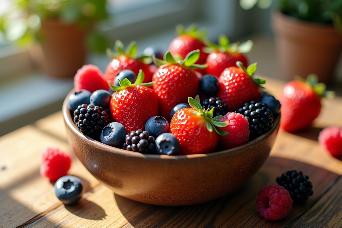 Assortiment de fruits rouges dans un bol rustique