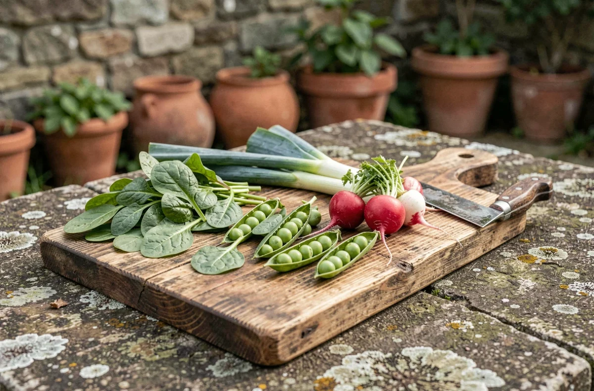 Assortiment de légumes de saison du mois d'avril disposés sur une planche en bois rustique en extérieur