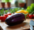 Aubergine fraîche lavée avec gouttes d'eau sur une table en bois rustique