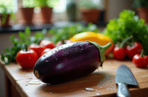 Aubergine fraîche lavée avec gouttes d'eau sur une table en bois rustique