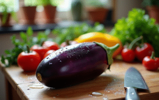 Aubergine fraîche lavée avec gouttes d'eau sur une table en bois rustique