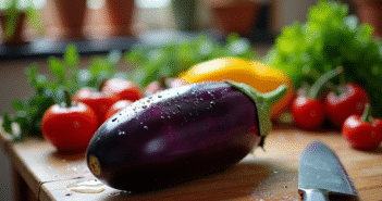 Aubergine fraîche lavée avec gouttes d'eau sur une table en bois rustique