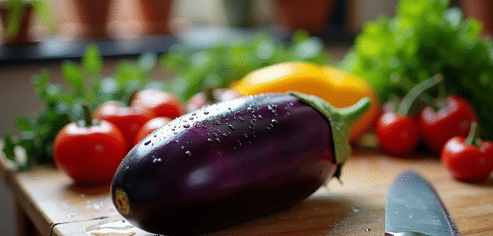 Aubergine fraîche lavée avec gouttes d'eau sur une table en bois rustique