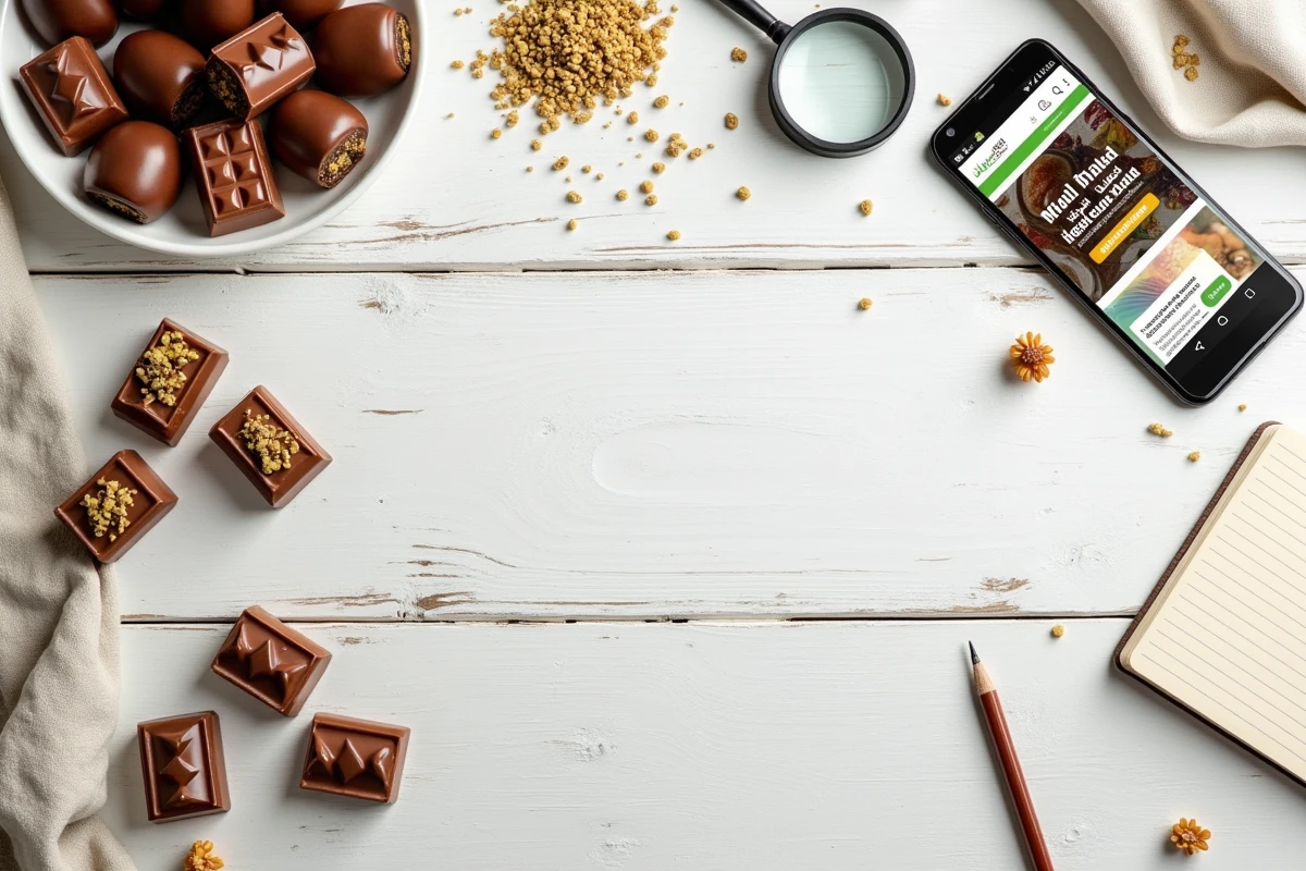 Assortiment de chocolats Dubaï avec certificats halal, loupe et smartphone affichant un site de vérification officielle, vue de dessus