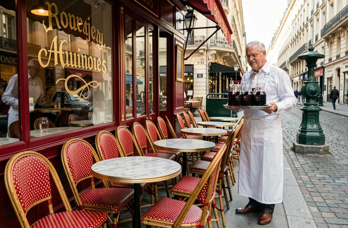 Terrasse du bistrot Aux Crus de Bourgogne dans le 2e arrondissement de Paris, chaises en rotin rouge et façade vintage avec lettrages dorés