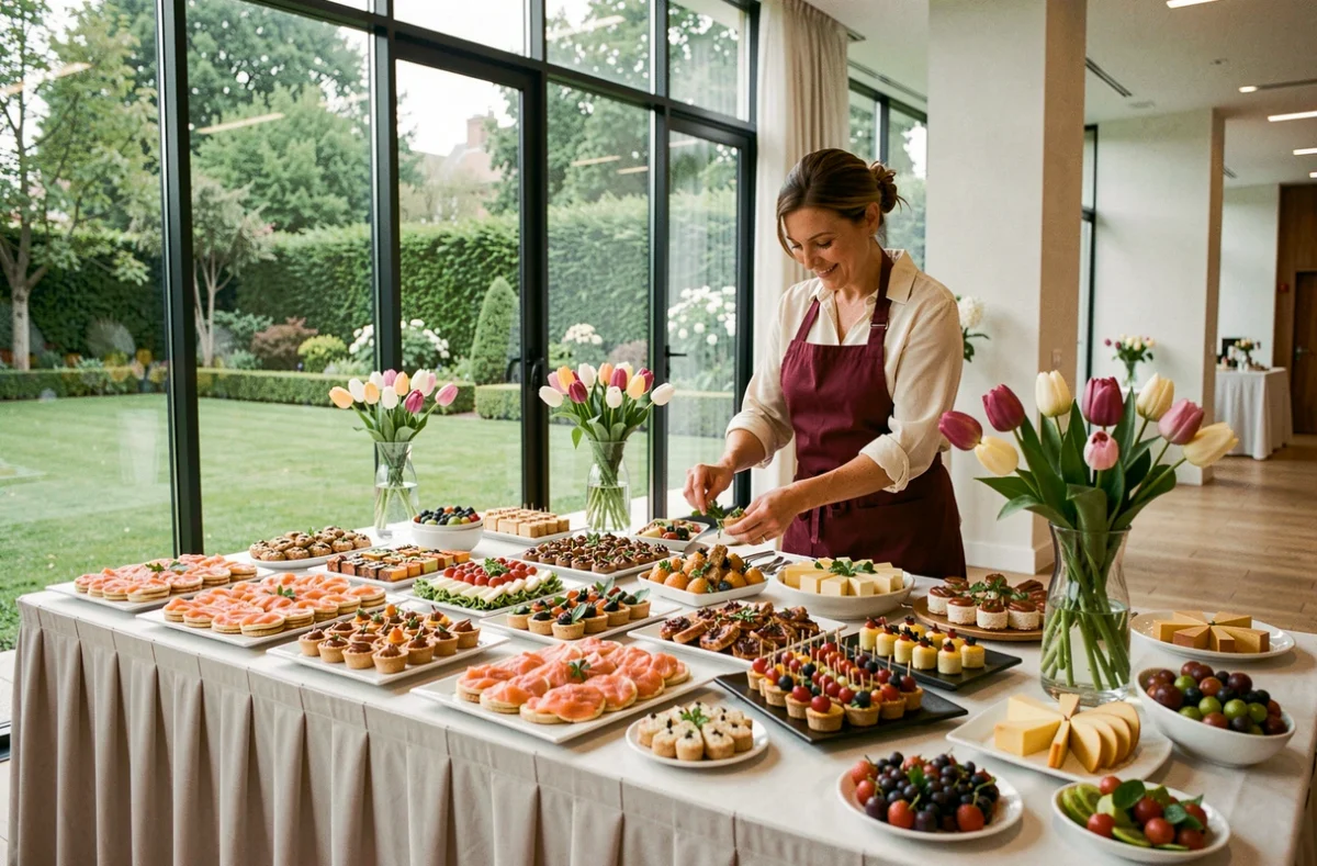 Table de buffet polyvalente d'Aux Tulipes Traiteur dans une salle de réception moderne avec vue sur un jardin parisien