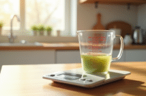 Balance de cuisine avec tasse de 100 ml en lumière naturelle