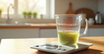 Balance de cuisine avec tasse de 100 ml en lumière naturelle