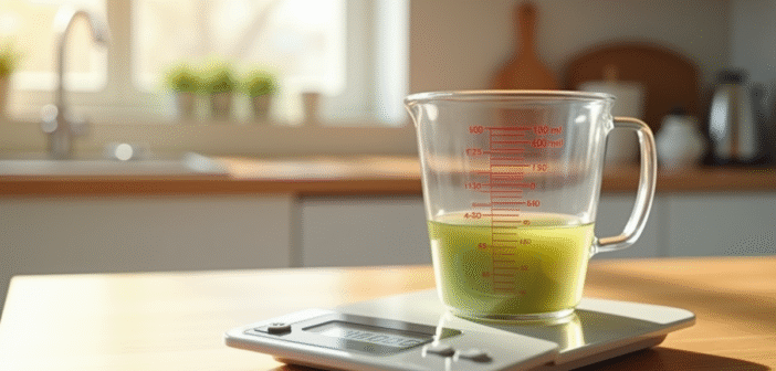 Balance de cuisine avec tasse de 100 ml en lumière naturelle