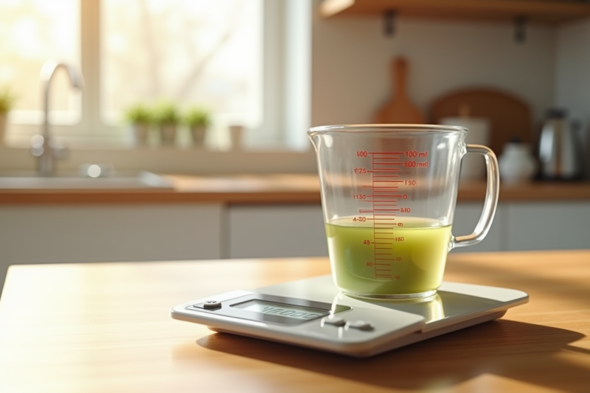 Balance de cuisine avec tasse de 100 ml en lumière naturelle