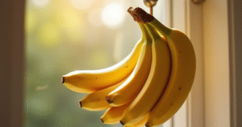 Bananes mûres suspendues dans la cuisine sous lumière naturelle