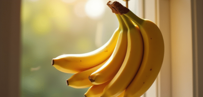 Bananes mûres suspendues dans la cuisine sous lumière naturelle