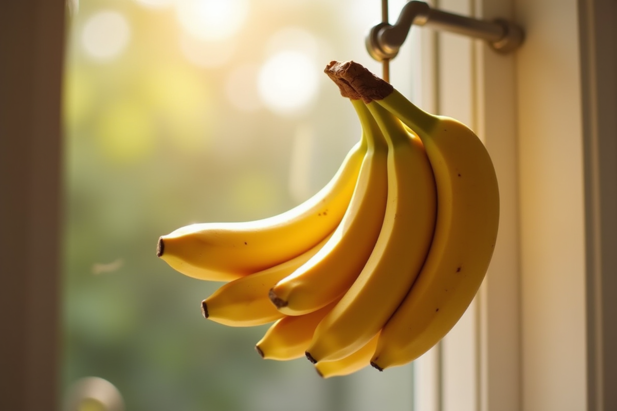 Bananes mûres suspendues dans la cuisine sous lumière naturelle