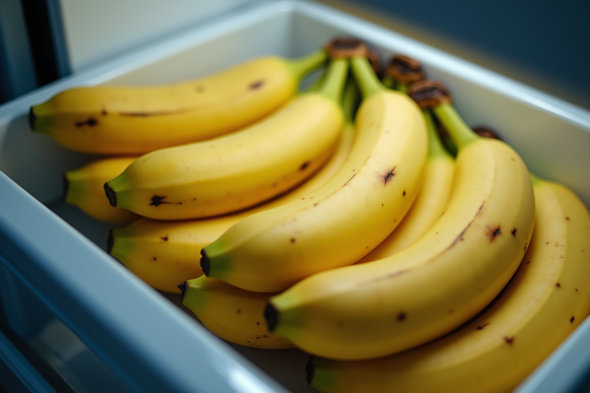 Bananes stockees dans un tiroir de refrigerateur avec lumière froide