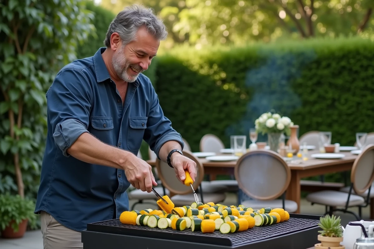 Homme cuisinant des légumes grillés dans le jardin