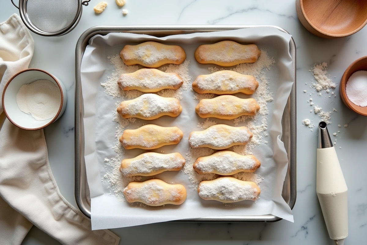 Biscuits cuillère crus alignés sur une plaque de cuisson recouverts de sucre glace prêts à enfourner, avec une poche à douille et une passoire