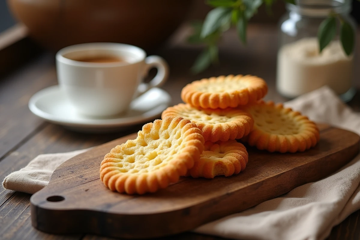 Biscuits cuillère dorés et moelleux présentés sur une planche en bois rustique avec une tasse d'espresso et une serviette en lin
