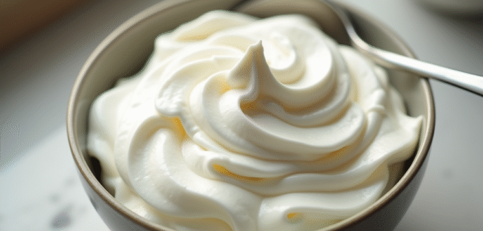 Bol de creme fouettee avec pics fermes et lumiere naturelle