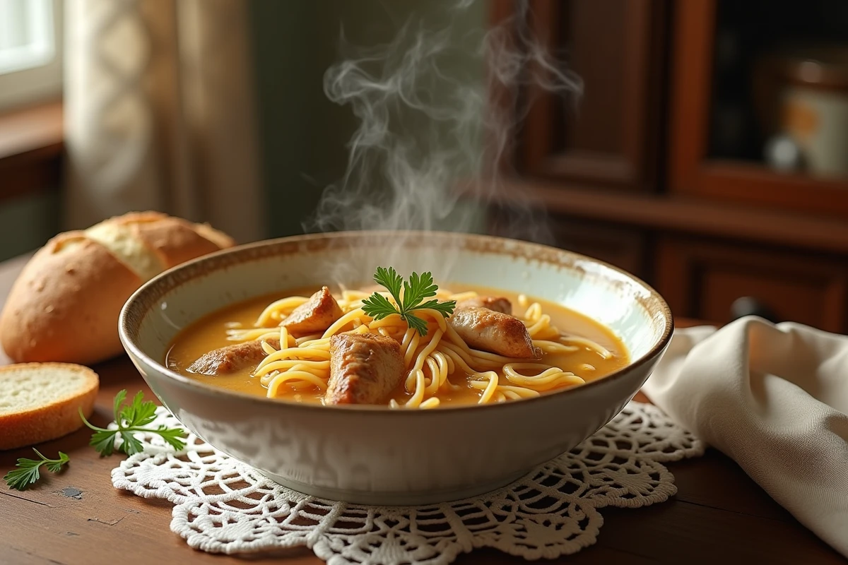 Bol de soupe vermicelli avec poulet sur une table rustique
