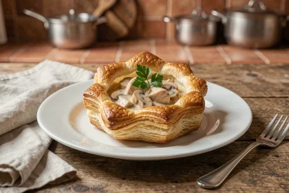 Bouchée à la reine maison servie sur une assiette en porcelaine blanche avec garniture de persil frais sur table en bois rustique