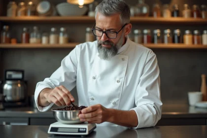 Boulanger professionnel pesant des gousses de vanille sur une balance numérique dans une cuisine de pâtisserie professionnelle