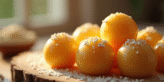 Boules de marzipan faites main sur une table en bois