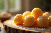 Boules de marzipan faites main sur une table en bois