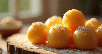 Boules de marzipan faites main sur une table en bois