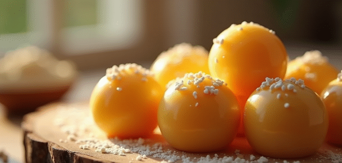 Boules de marzipan faites main sur une table en bois