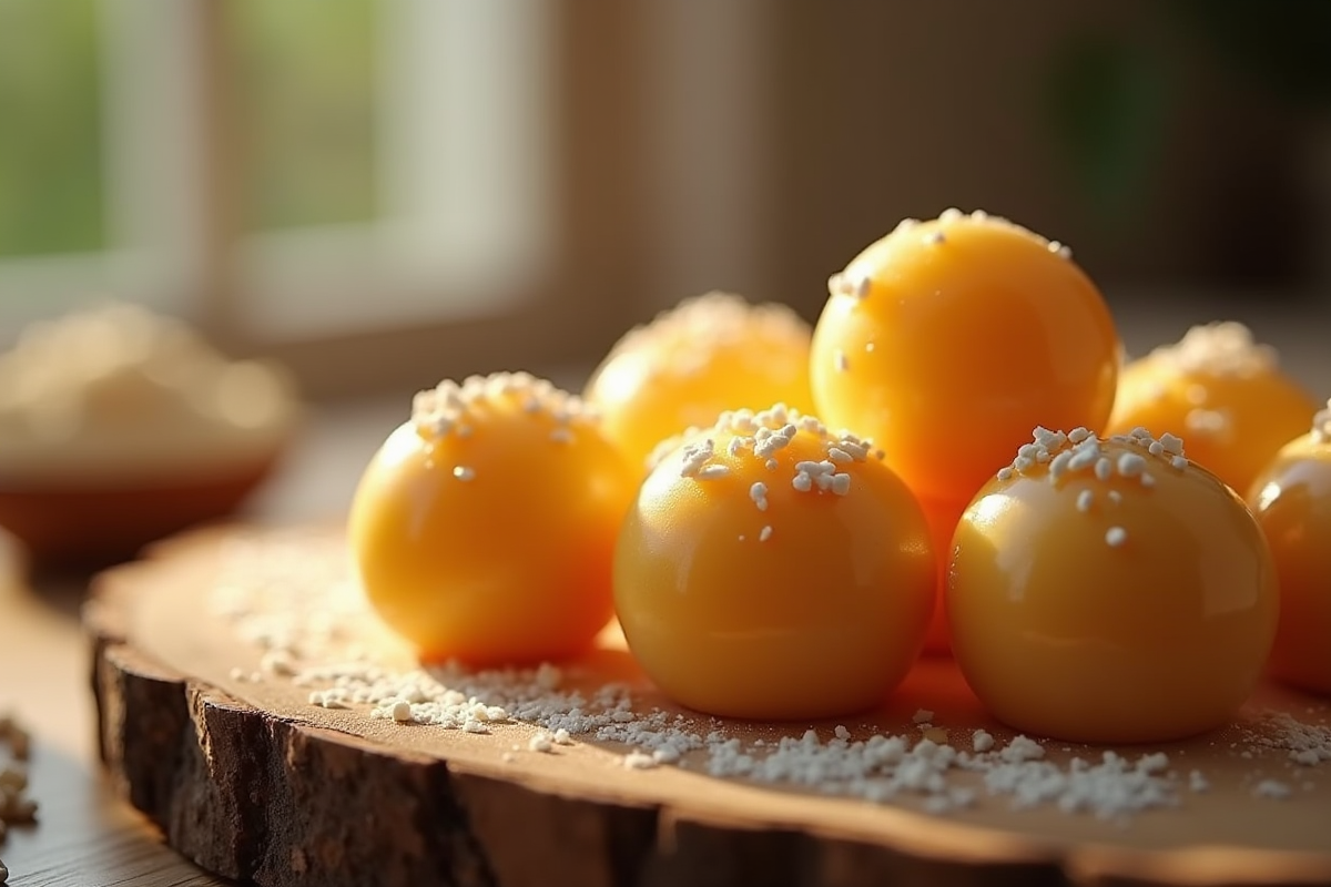Boules de marzipan faites main sur une table en bois