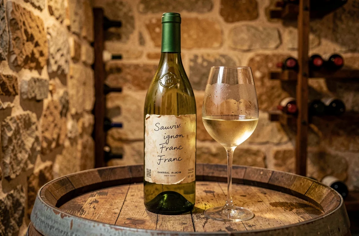 Bouteille de Sauvignon Franc artisanal et verre de vin dans une cave en pierre de vigneron indépendant
